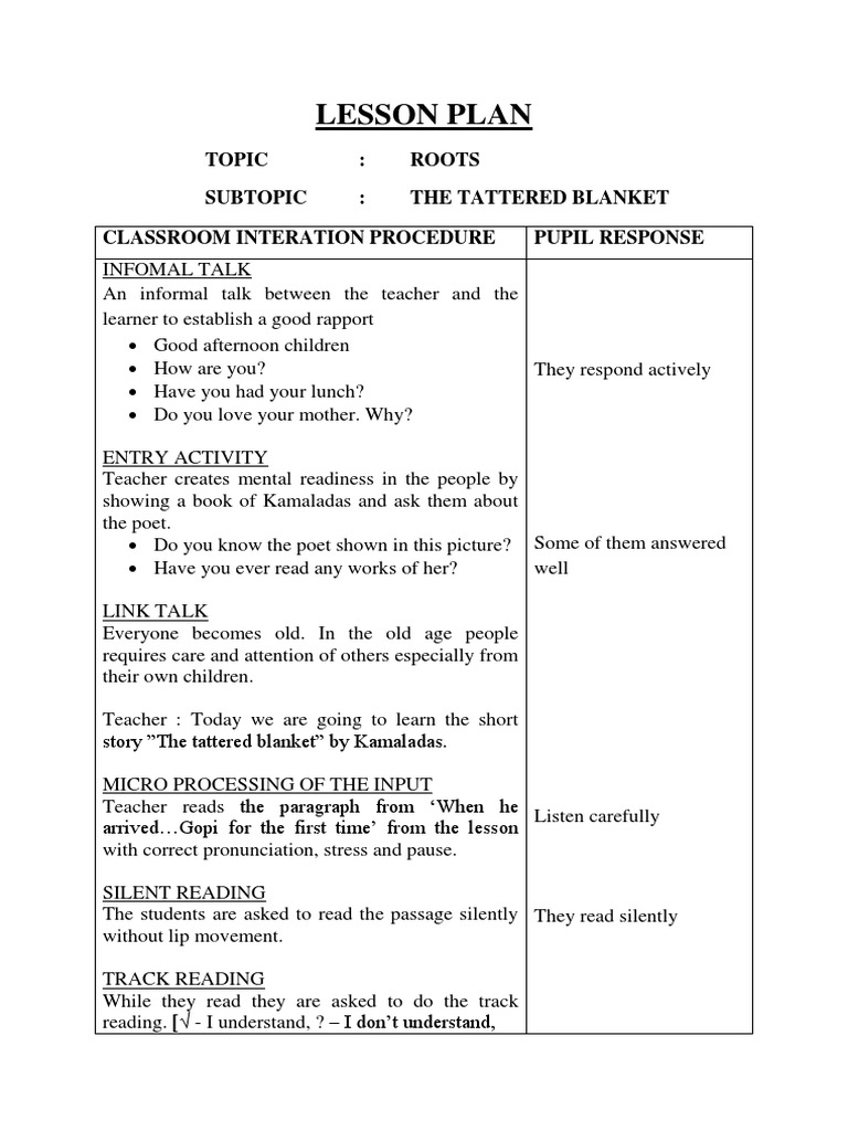 Lesson Plan: Topic: Roots Subtopic: The Tattered Blanket Classroom ...