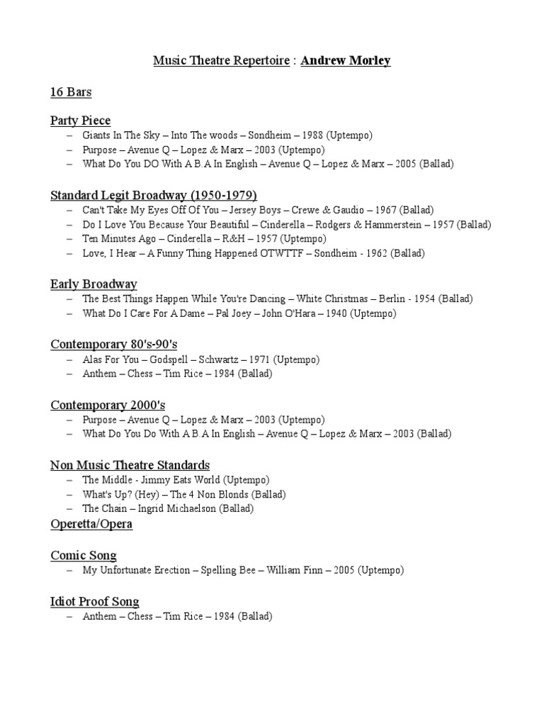 Musical Theatre Repertoire Guide | PDF | Art
