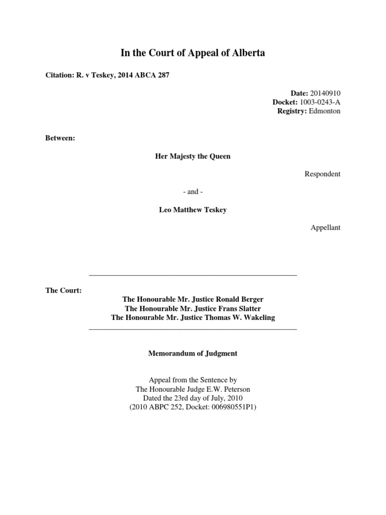 The Court of Appeal of Alberta R. V Teskey | PDF | Remand (Court ...