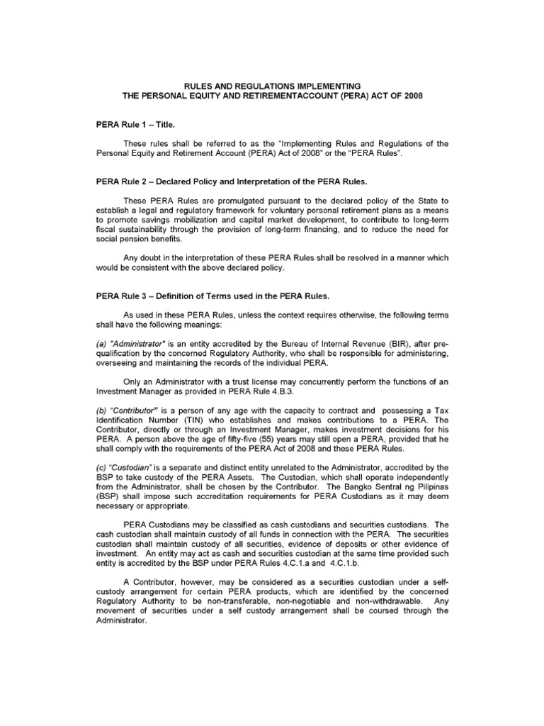 PERA Act 2008 Implementation Rules | PDF | Securities (Finance ...