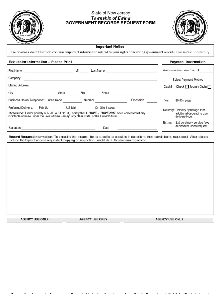 OPRA Request Money Order Mail