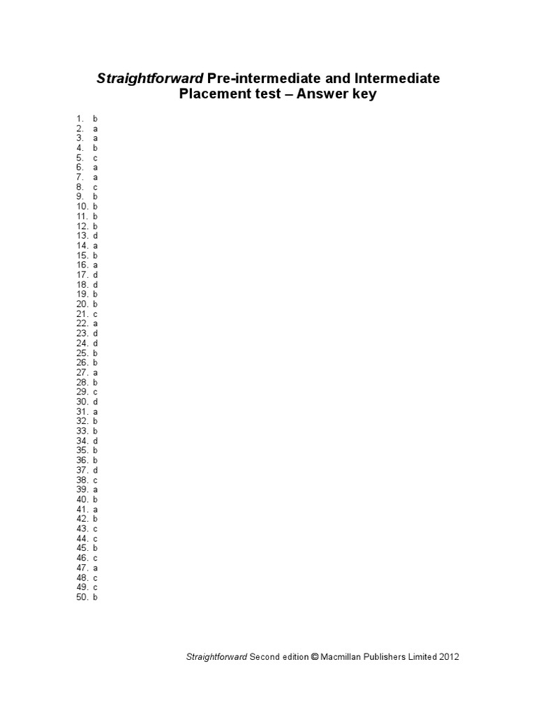 Pre-Int Int Placement Test Answer Key | PDF