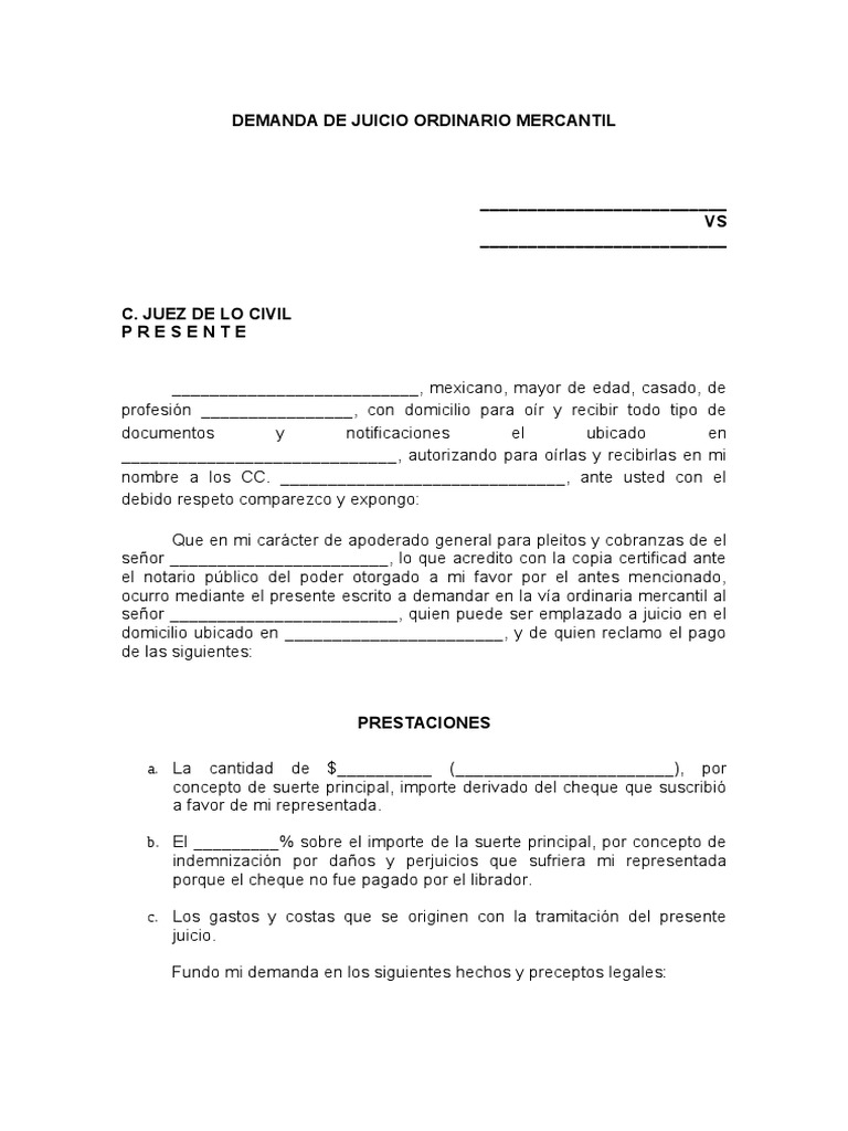 Demanda de Juicio Ordinario Mercantil | PDF