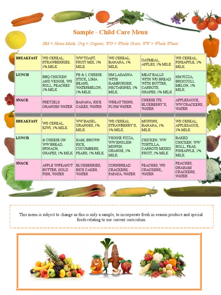 Sample Child Care Menu with Nutrition | PDF