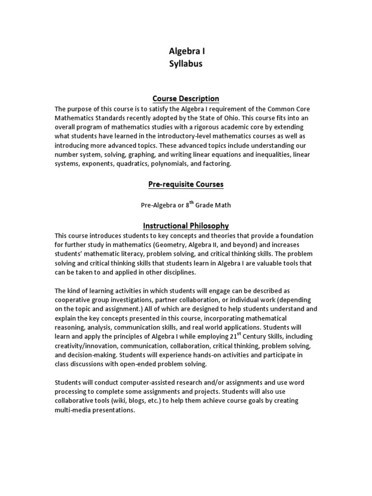Algebra I Course Syllabus Overview | PDF | Statistics Of Education ...