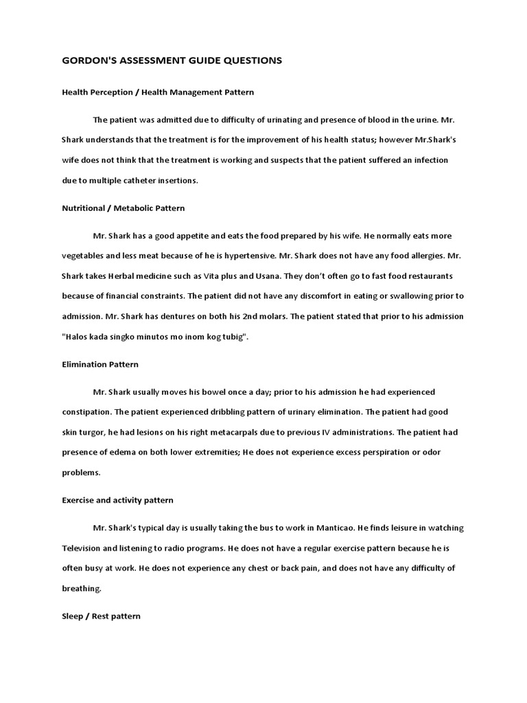 Gordon'S Assessment Guide Questions: Health Perception / Health ...