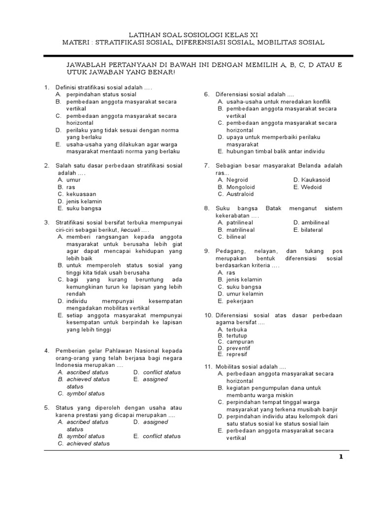 Latihan Soal Stratifikasi Sosial, Diferensiasi Sosial