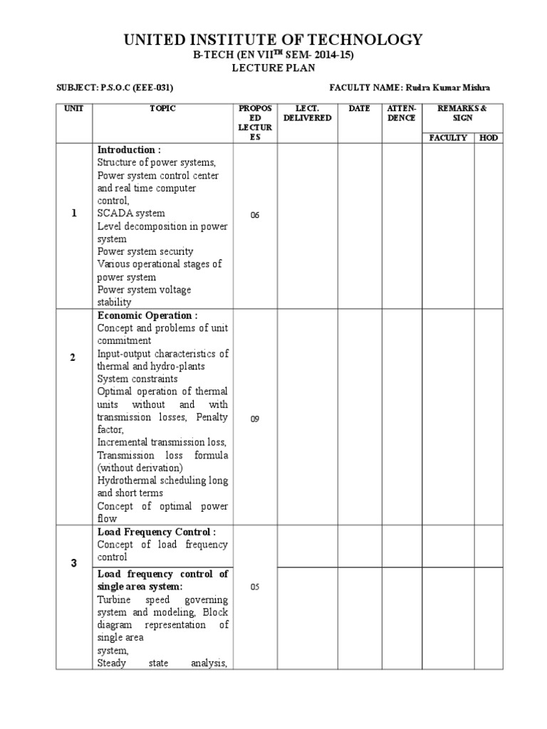 Lecture Plan Format | Electric Power System | Electric Power