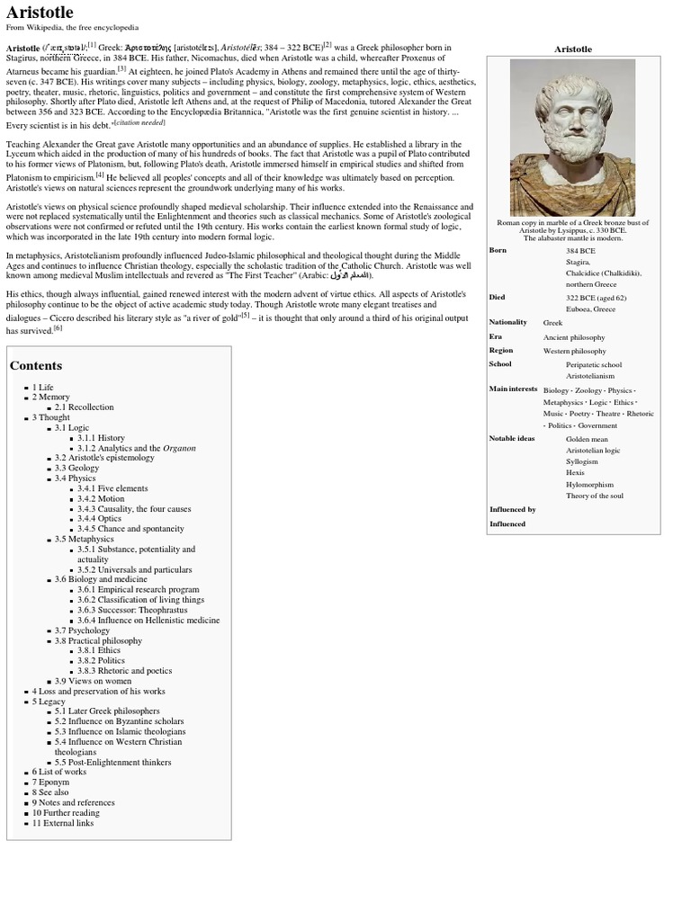 Aristotle Wikipedia The Free Encyclopedia Pdf Aristotle Causality