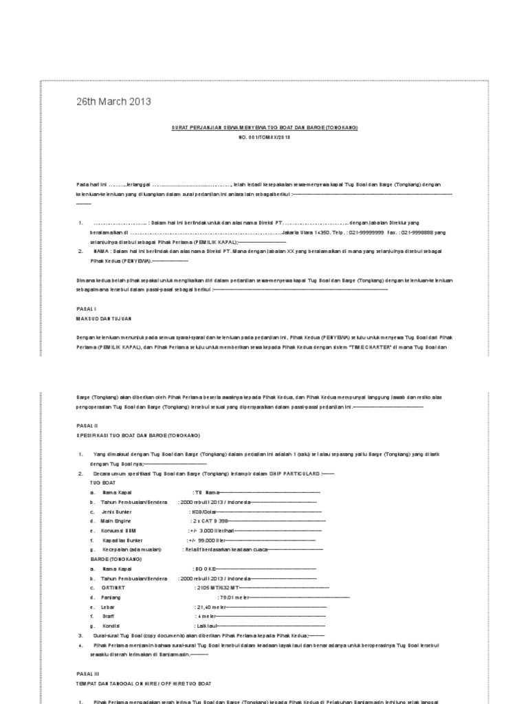 Surat Perjanjian Sewa Menyewa Boat Atau Tongkang