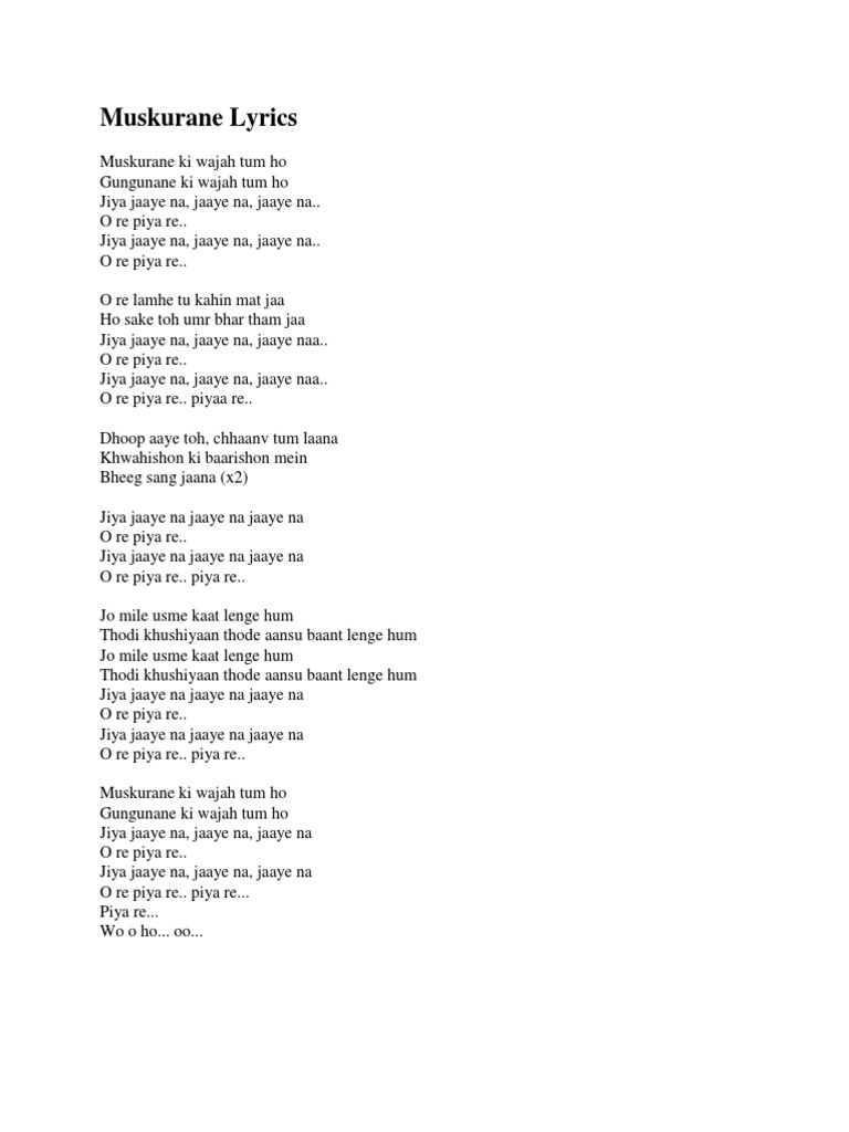 Muskurane Ki Wajah Tum Ho Lyrics | PDF | Language Arts & Discipline ...