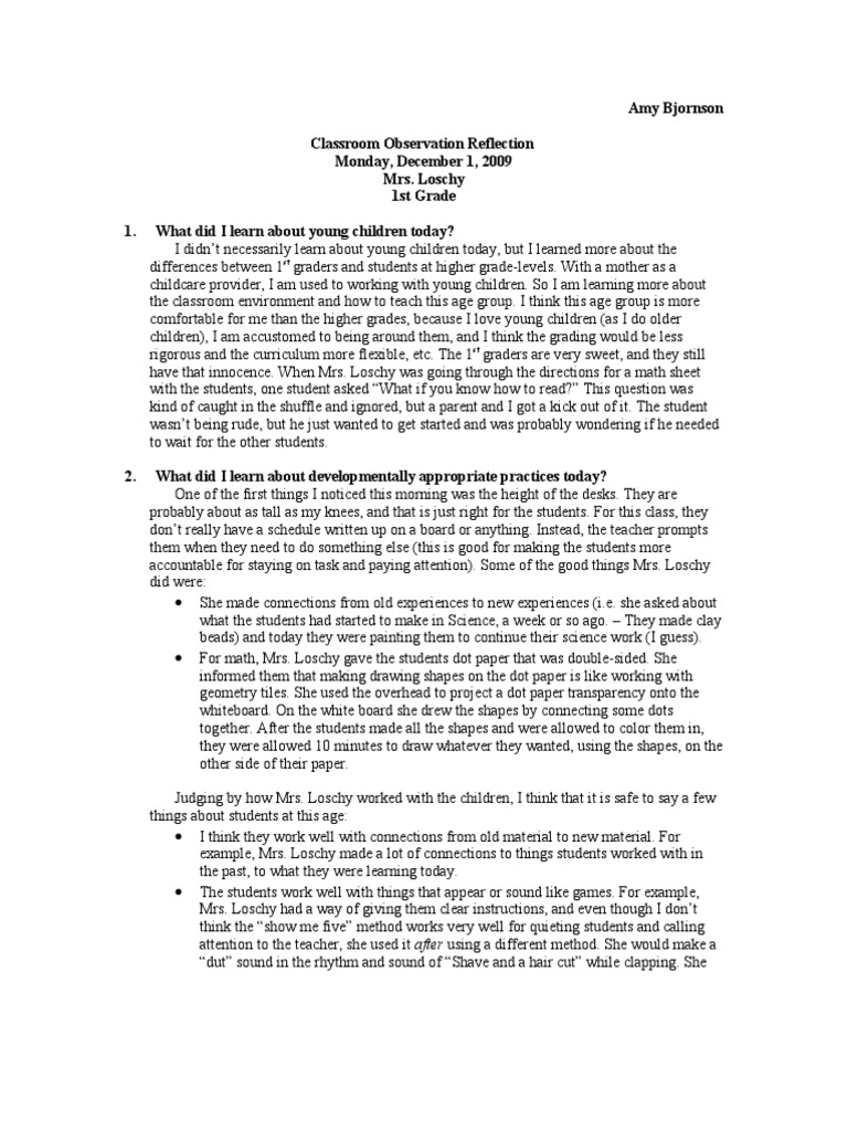 classroom observation reflection essay