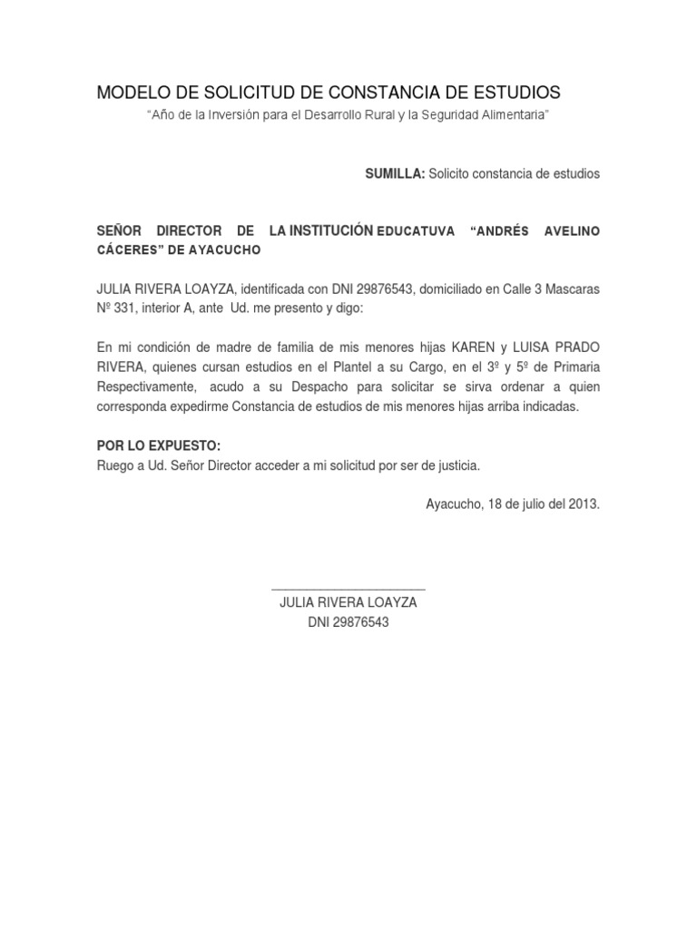 Modelo de Solicitud de Constancia de Estudios Escolar | PDF