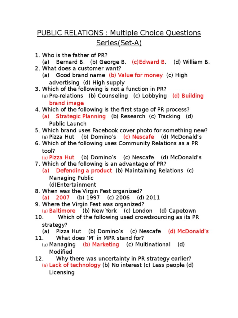 PR Multiple Choice Questions Set-A | PDF