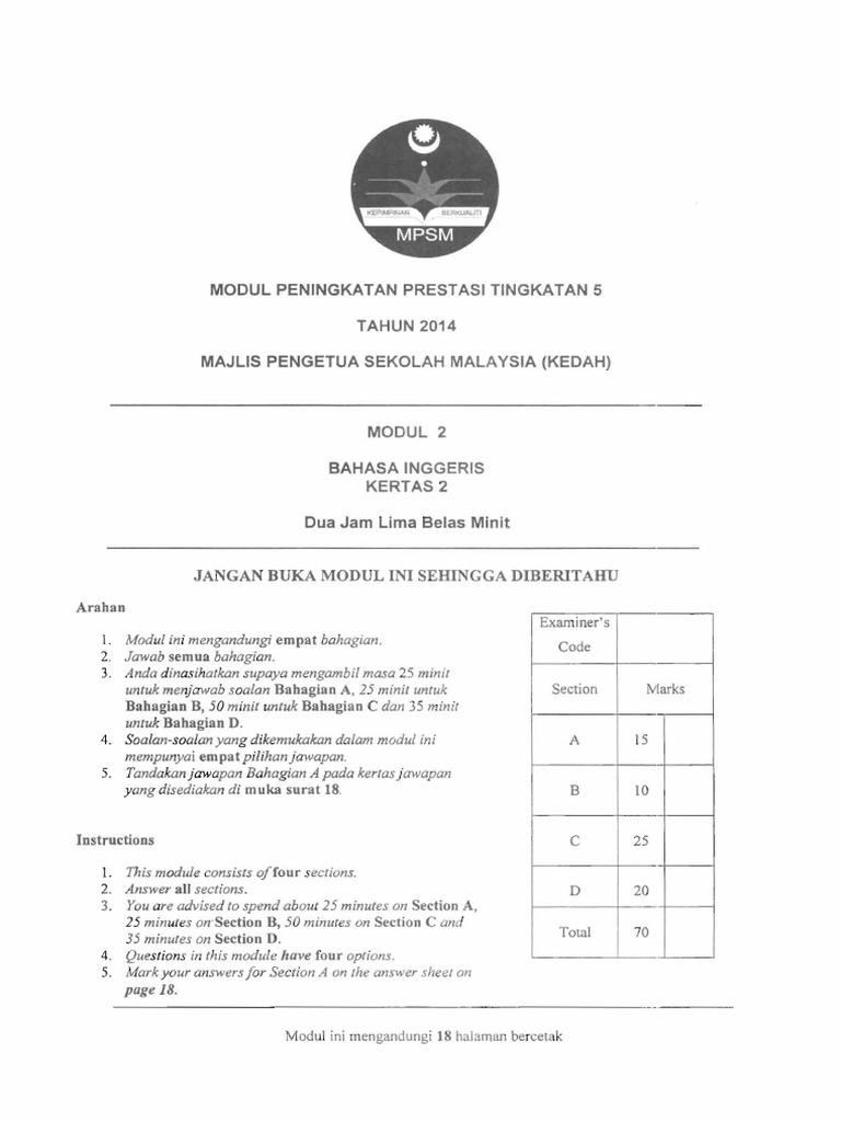 Trial Kedah 2014 SPM Bahasa Inggeris K2 Dan Skema [SCAN 