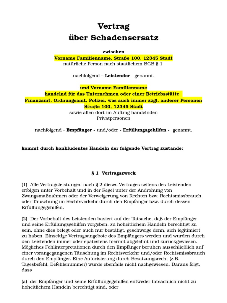 Vertrag Schadensersatz Muster