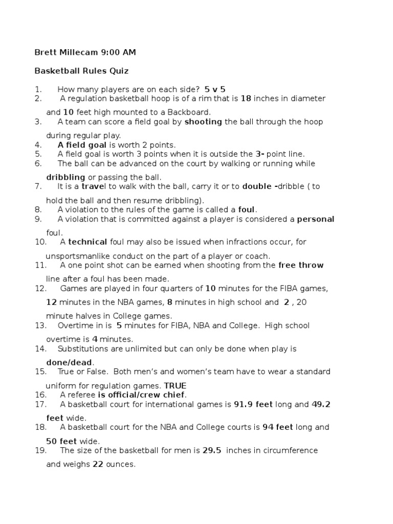 Basketball Rules Quiz PDF