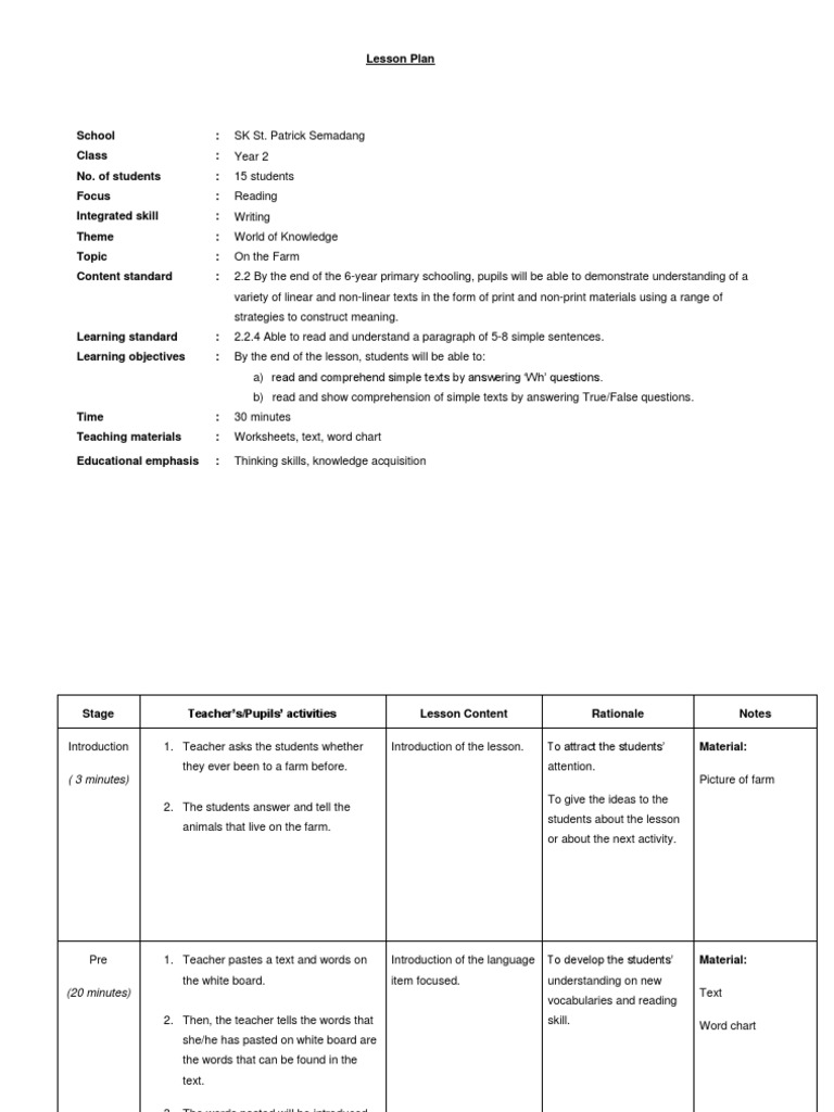 Year 2 Reading Lesson Plan: On the Farm | PDF | Lesson Plan | Reading ...