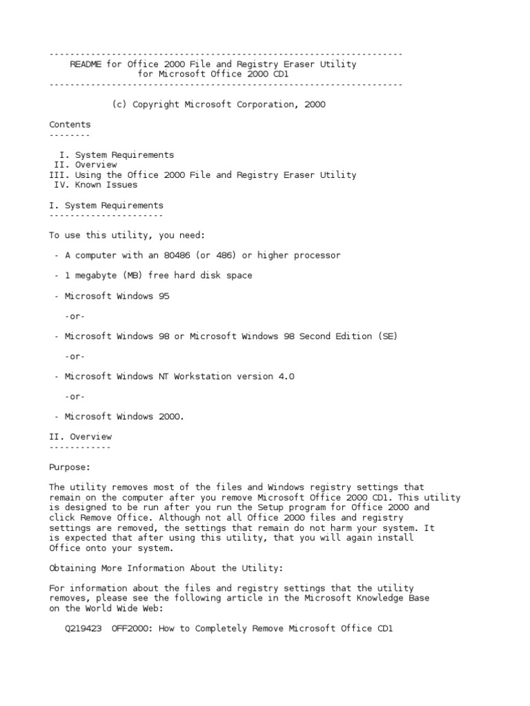 README For Office 2000 File and Registry Eraser Utility For | PDF ...