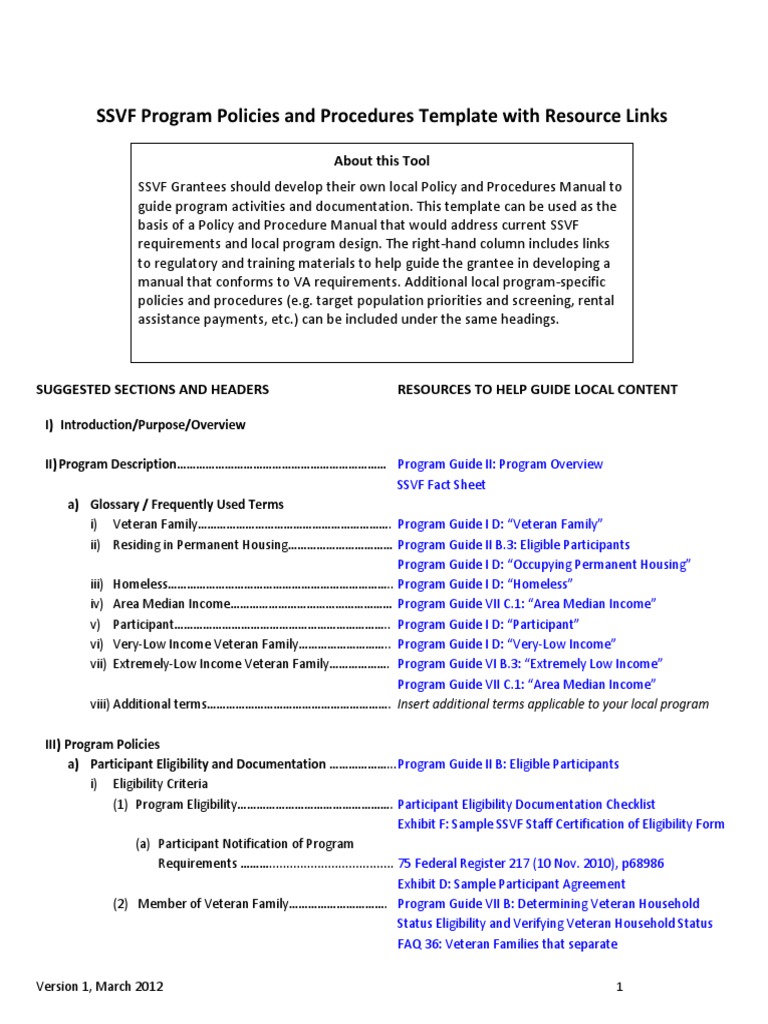 SSVF Policies Procedures Template With Resource Links Final | PDF |  Veterans Health Administration | Government Health Care