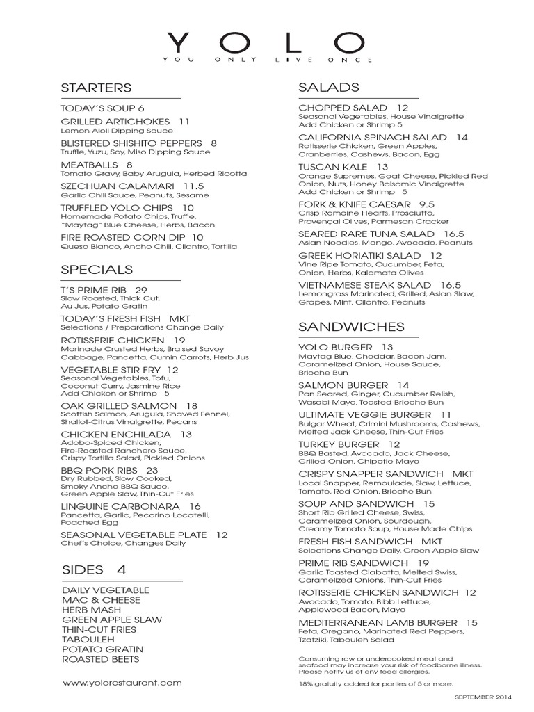 Yolo Restaurant Menu Highlights | PDF | Salad | Coleslaw