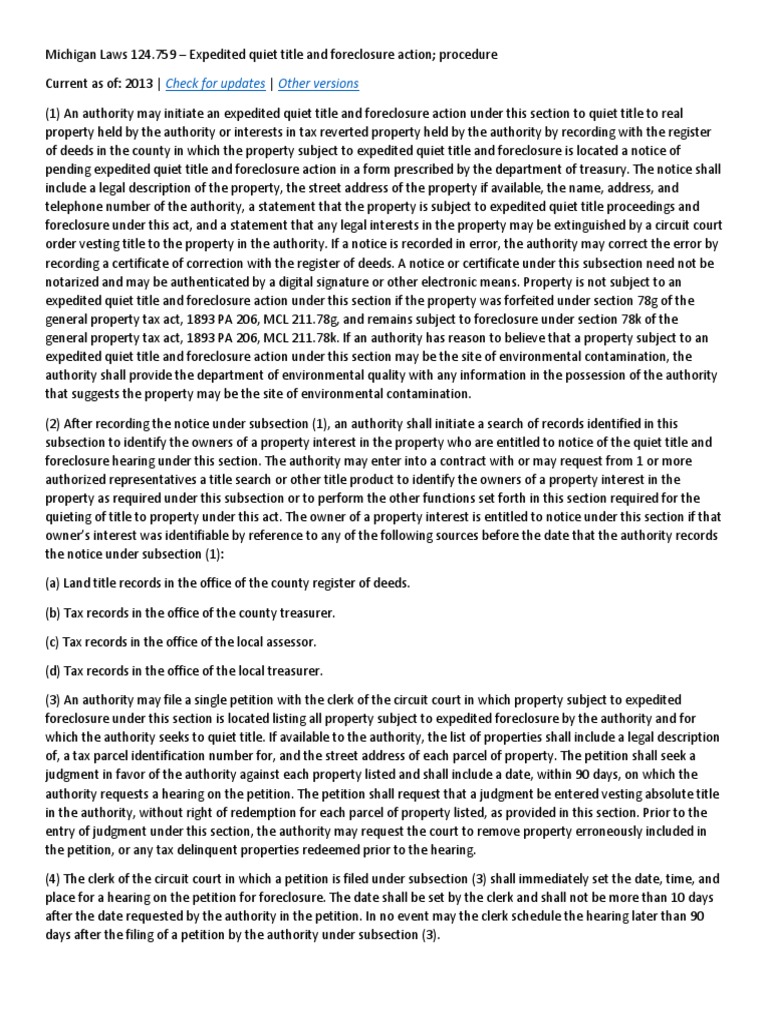 Michigan Laws 124.759 Expedited Quiet Title and Foreclosure Action ...