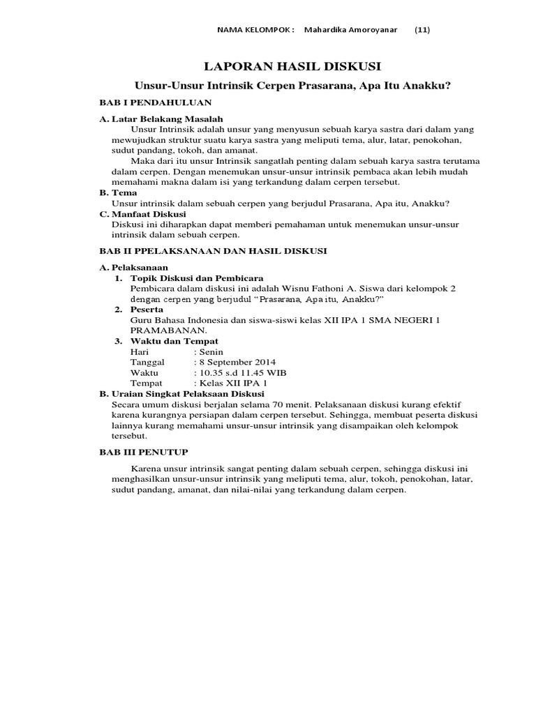 Contoh Laporan Diskusi Cerpen Nusagates