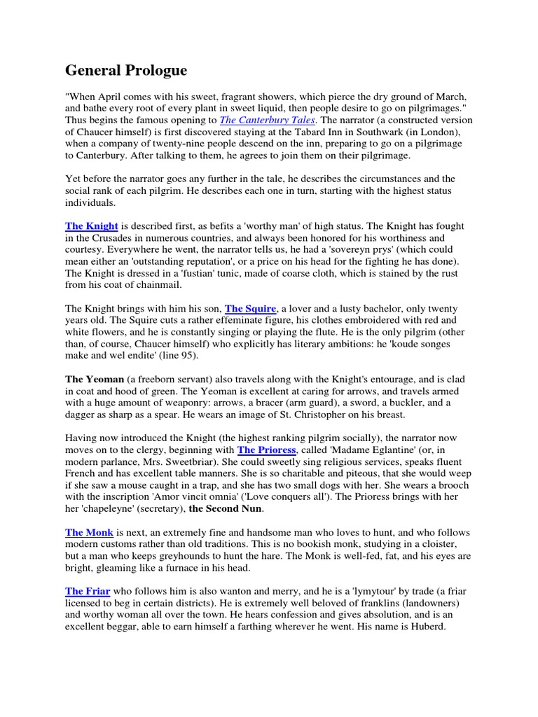 Summary of Chaucer's General Prologue | PDF | The Canterbury Tales | Poetry
