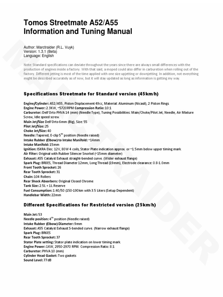 Tomos Streetmate A55 - Information and Tuning Manual | Carburetor | Piston
