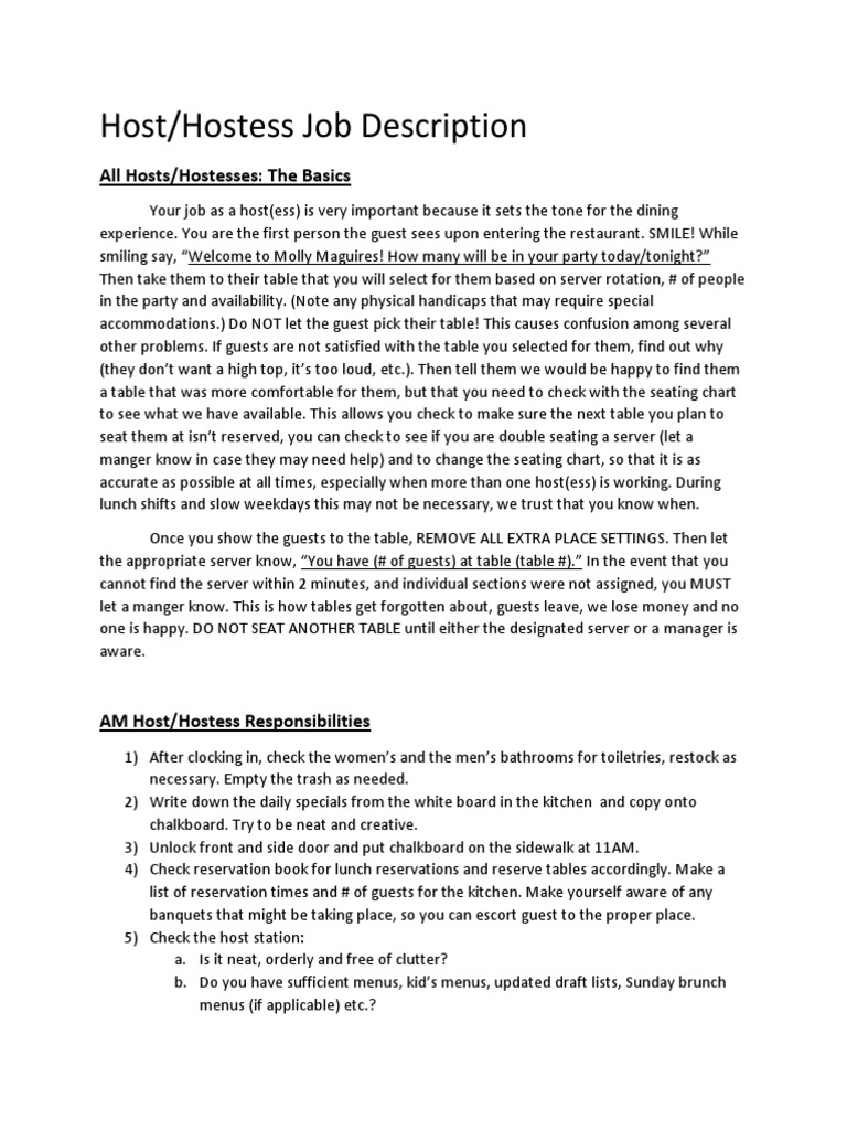 Host/Hostess Job Description All Hosts/Hostesses The Basics PDF