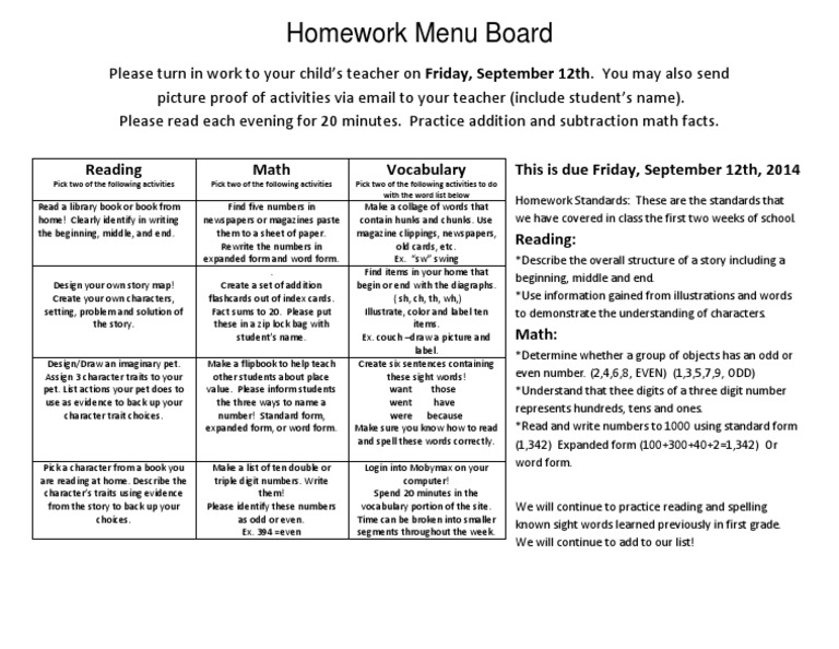 Homework Menu Board 1-2014 | PDF | Books | Homework