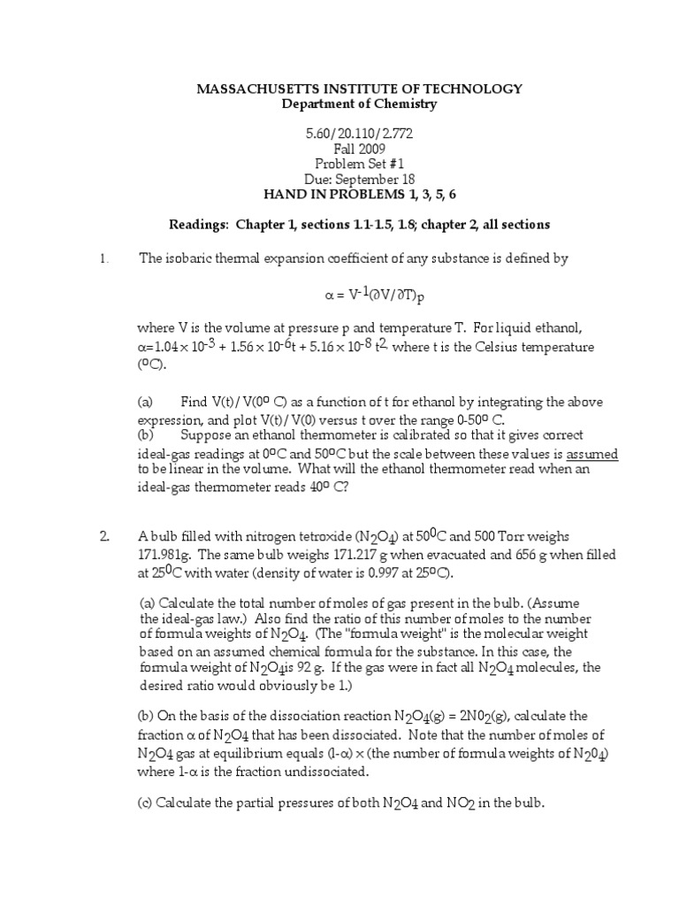 Chemistry Problem Set Fall 2009 | PDF