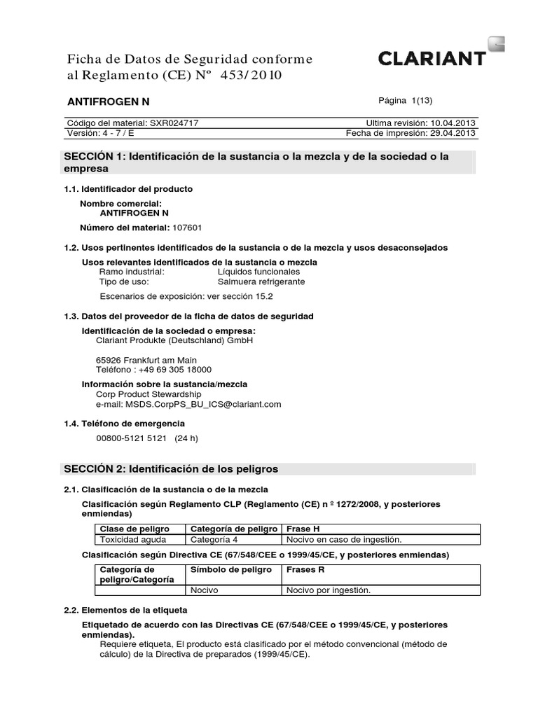 Clariant SafetyDataSheet Antifrogen N ES ES PDF Compuesto orgánico