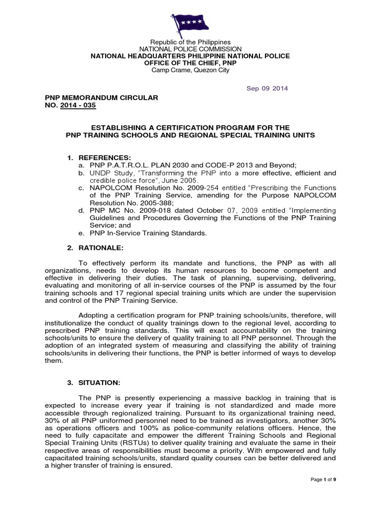 PNP Training Schools Certification Program | PDF | Professional ...