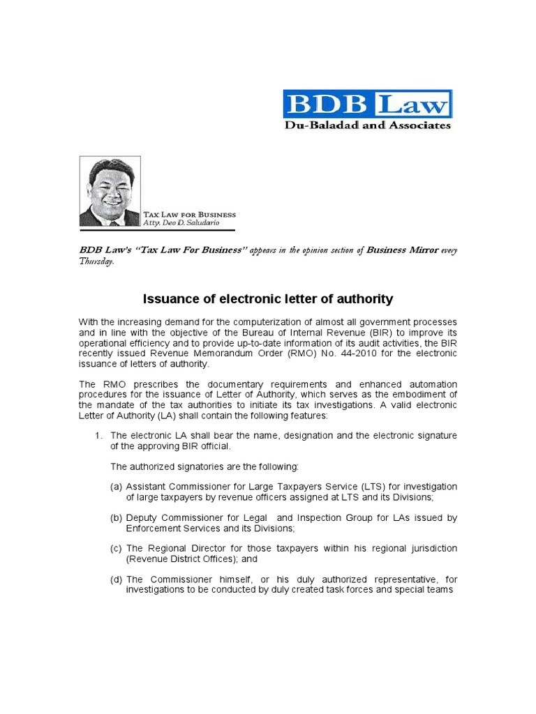 Issuance of Electronic Letter of Authority Taxes Public Sphere
