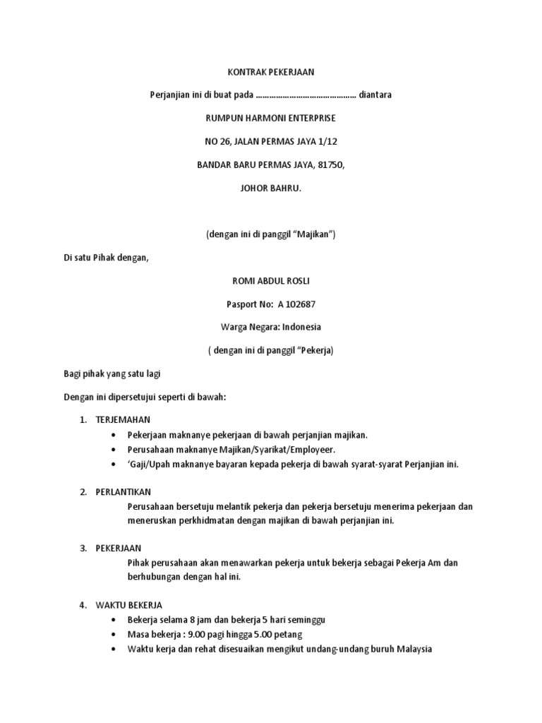 Contoh Surat Perjanjian Majikan Dan Pembantu Rumah