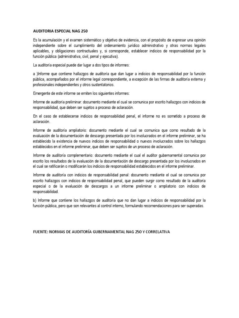 Informe de Auditoría Especial NAG 250 | PDF | Finanzas y dinero