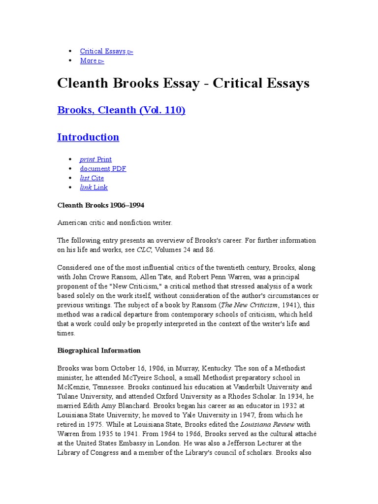 Cleanth Brooks Essay - Critical Essays | PDF | Poetry | Science