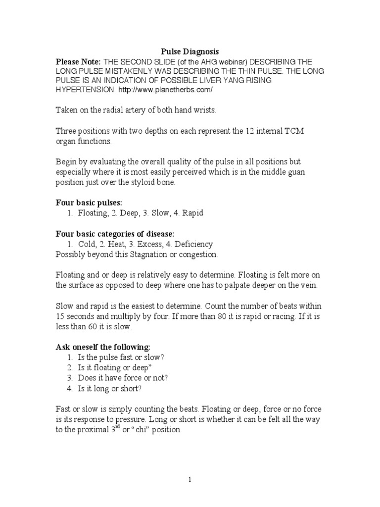 Pulse Diagnosis Handouts 0 | PDF