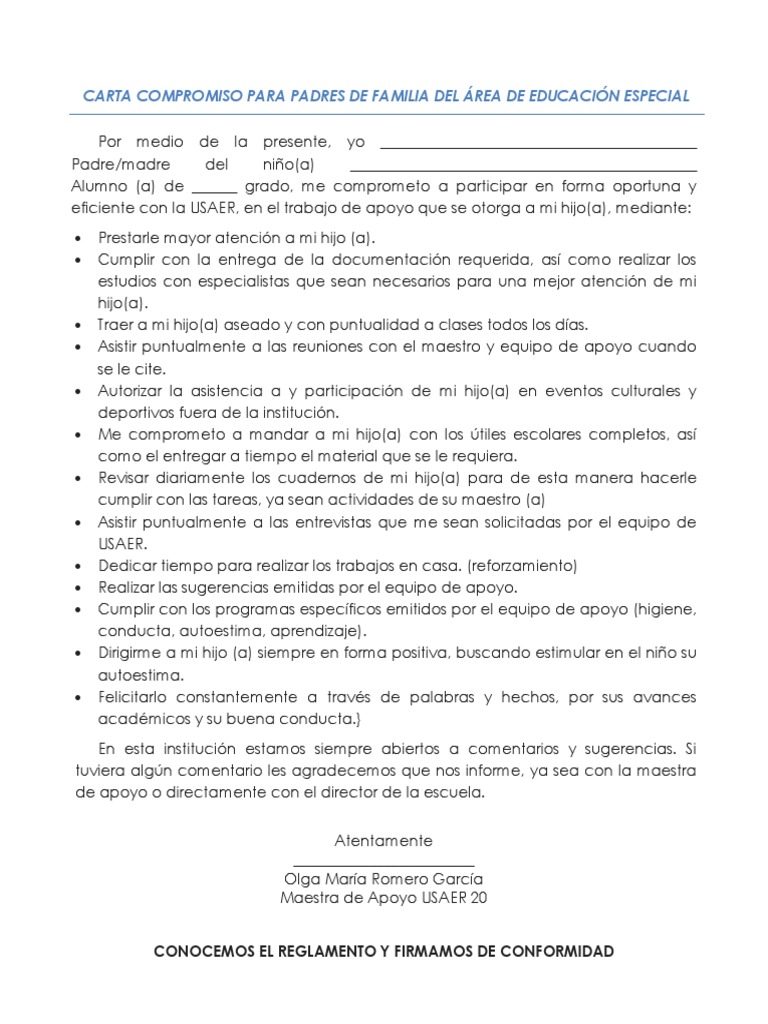 Carta Compromiso Para Padres de Familia Del Área de 
