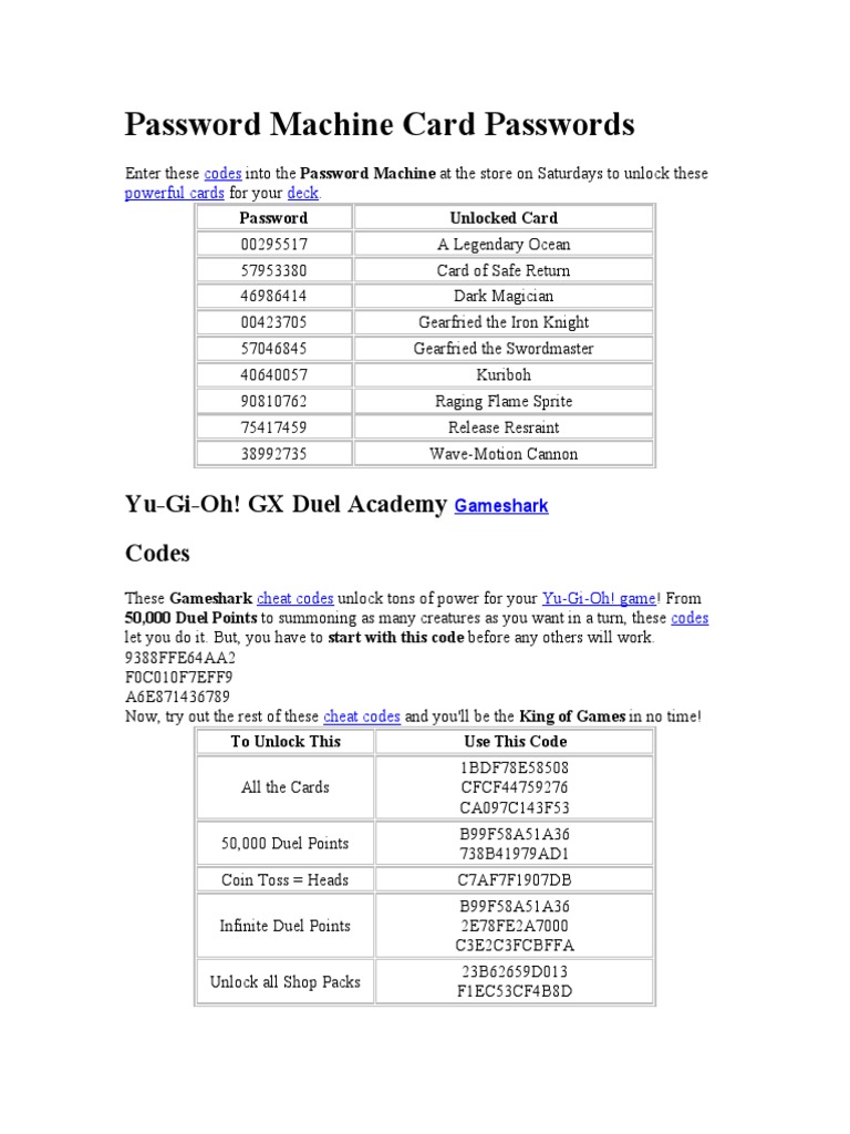 Password Machine Card Passwords YuGiOh! GX Duel Academy Codes PDF