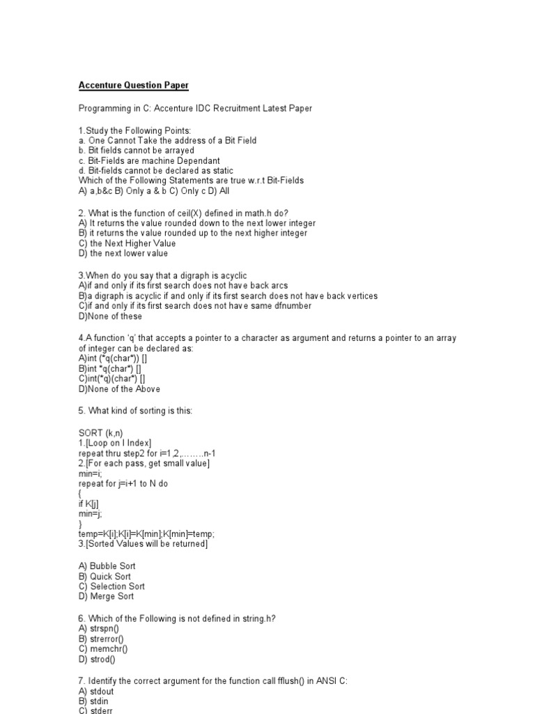 Accenture C Programming Test Paper | PDF | C (Programming Language ...