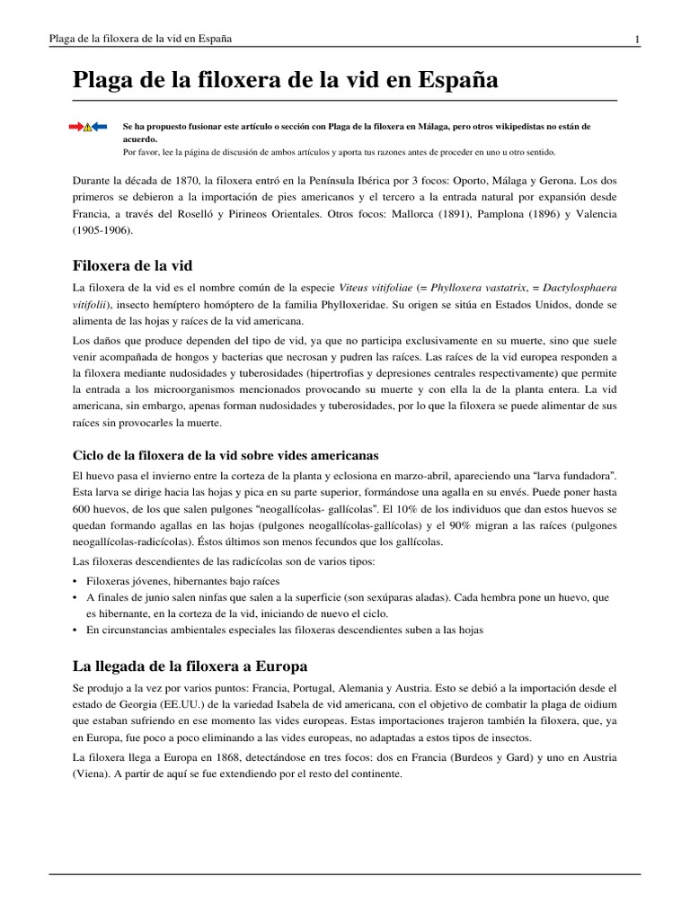 Plaga de La Filoxera de La Vid en España. Wikipedia PDF Viticultura