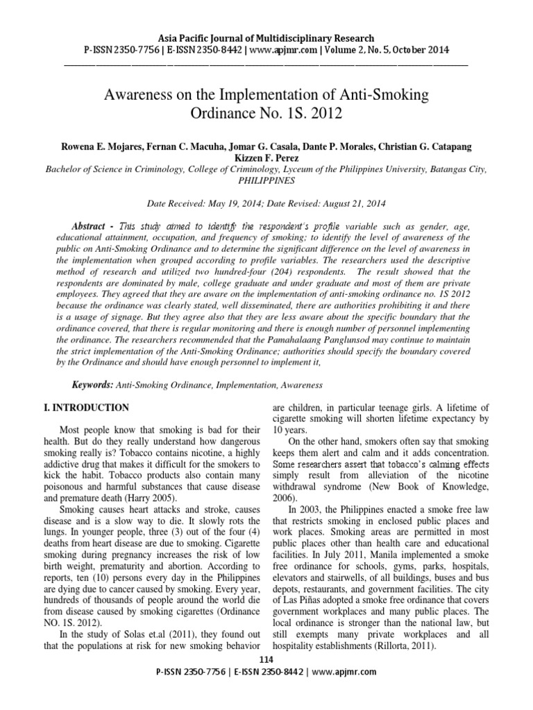 Public Awareness of Anti-Smoking Ordinance | PDF | Tobacco Smoking ...