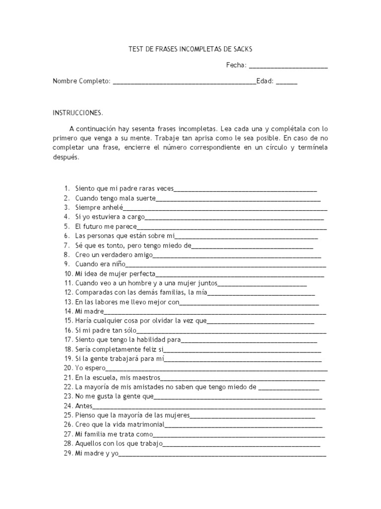 Test de Frases Incompletas (Sacks) | PDF | Relaciones personales ...