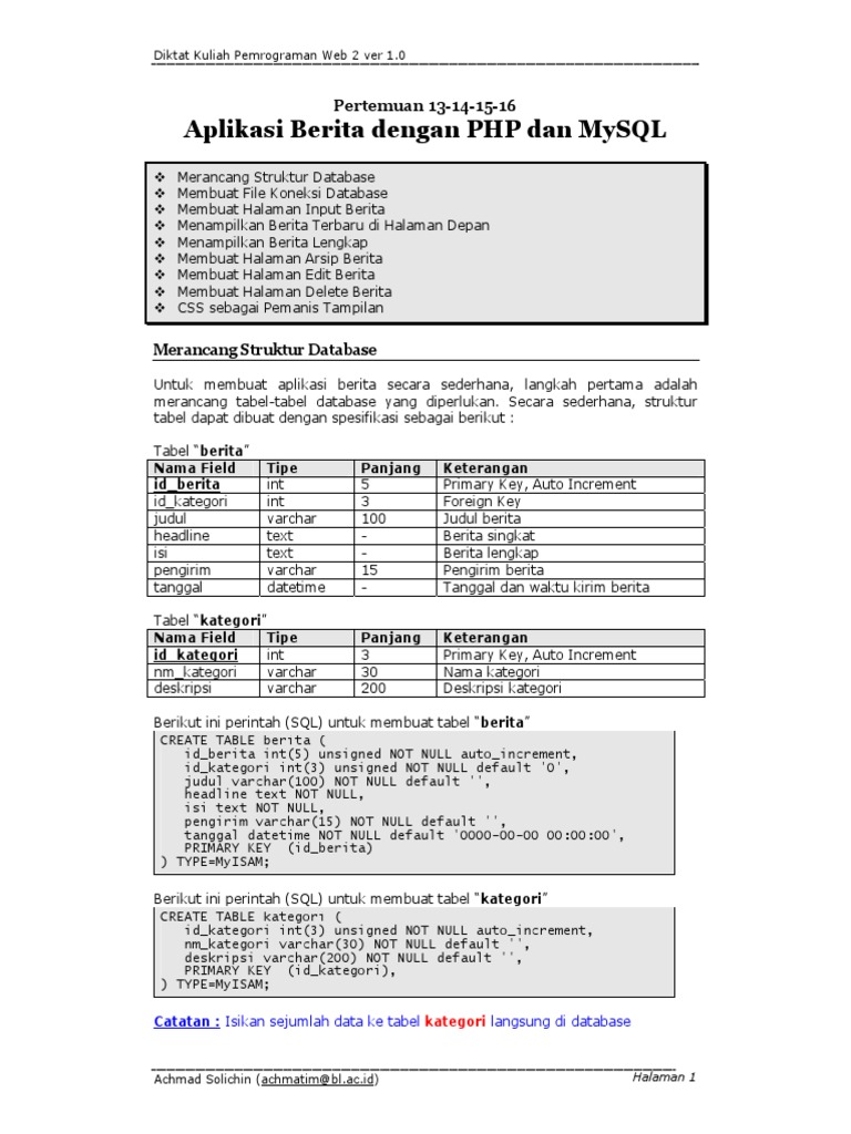 Contoh Aplikasi Berita Dengan PHP Dan MySQL | PDF | Sql | Perangkat ...