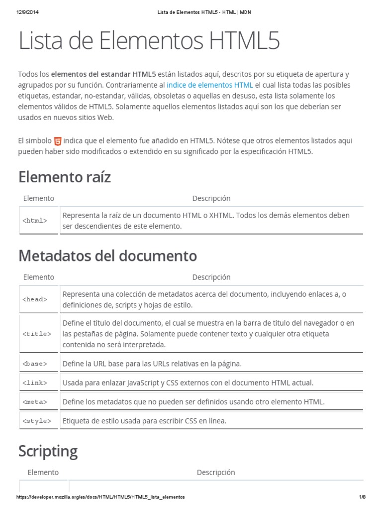 Lista de Elementos HTML5 HTML MDN HTML Script Java