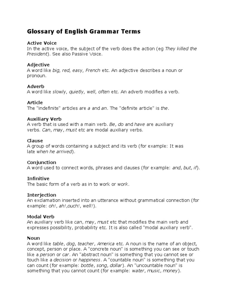 Glossary of English Grammar Terms | PDF