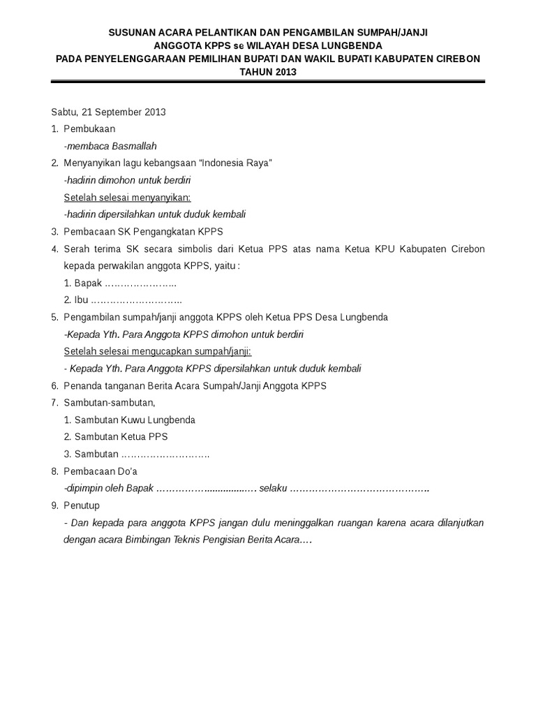 Susunan Acara Pelantikan Dan Pengambilan Sumpah Kpps Pdf