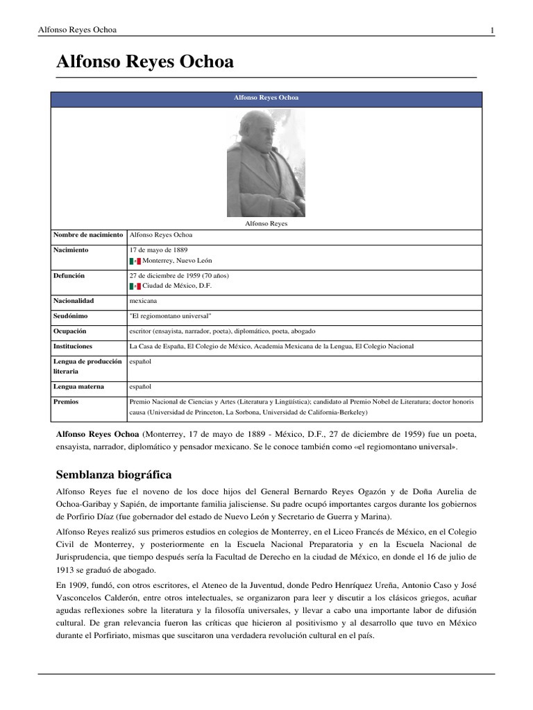 Retrato biográfico de Alfonso Reyes Ochoa, destacado escritor ...